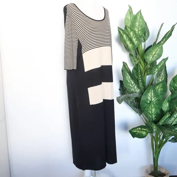 Marina Rinaldi Black Beige Viscose Wool Cashmere Striped Knit Shift Midi Dress - Picture 3 of 11